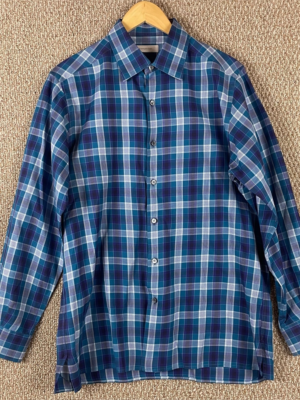 Ermenegildo Zegna Shirt Mens Large Blue Purple Plaid Check Button Down 298